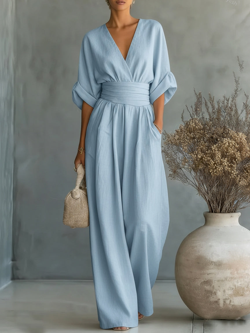 Eleganter Overall mit V-Ausschnitt, hoher Taille und weitem Bein