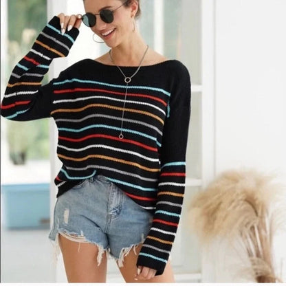 Gemütlicher gestreifter V-Ausschnitt-Strickpullover für lässigen Komfort