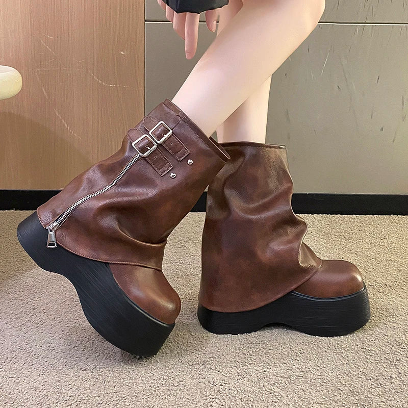Gothic Plateau-Stiefel mit Schnalle, mittelhoch, Reißverschluss