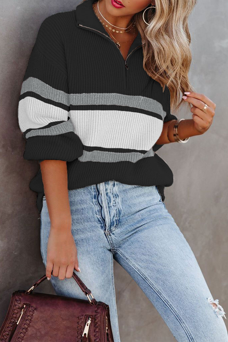 Gemütlicher lässiger Patchwork-Strickpullover mit Reißverschlusskragen