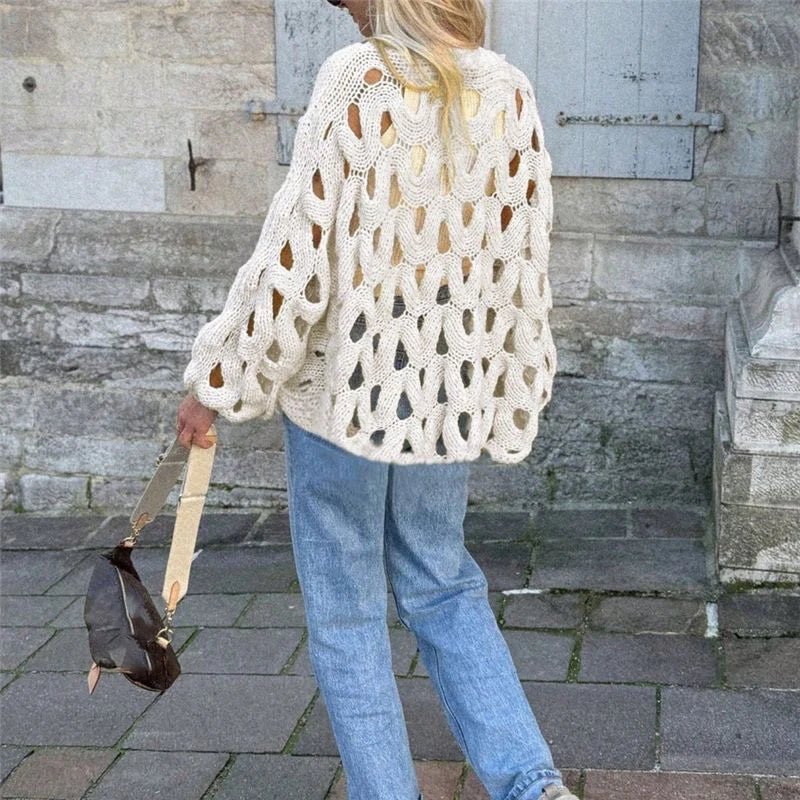 Damen Pullover mit langen Ärmeln und Häkelstrickmuster