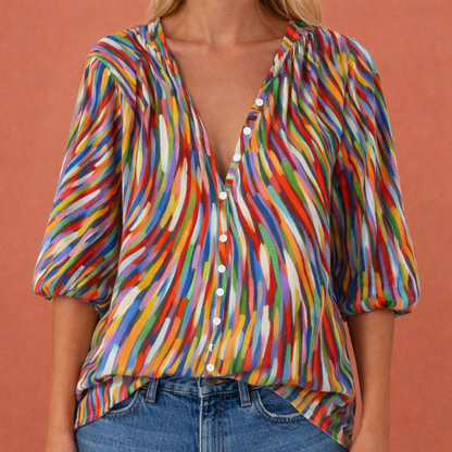 Damen V-Ausschnitt Bedruckte Bluse mit Knopfleiste