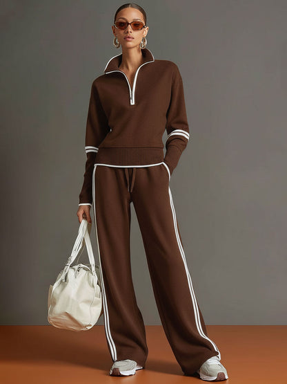 Pullover mit halbem Reißverschluss & Hose mit weitem Bein Set