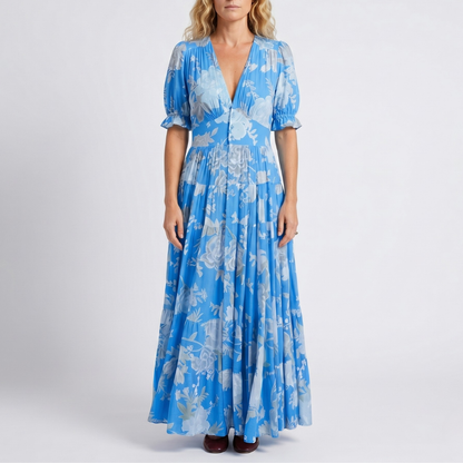 Elegantes Blumen-V-Ausschnitt-Kleid