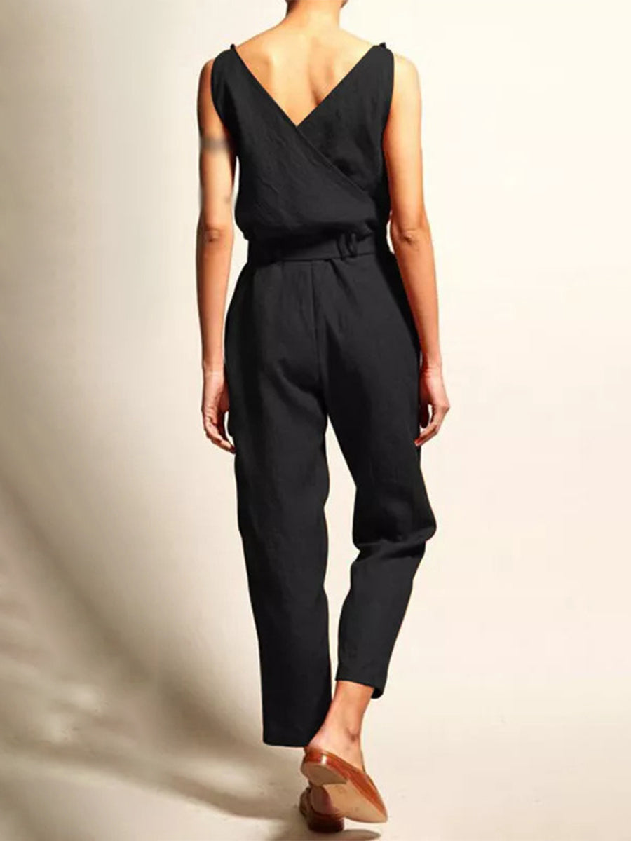 Damen Casual Jumpsuit mit V-Ausschnitt und Gürtel