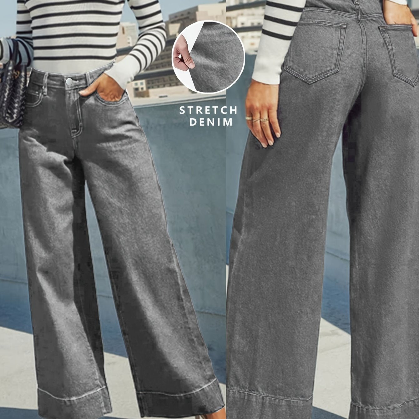 Hochtaillierte, weit geschnittene Stretch-Jeans mit Umschlag am Saum