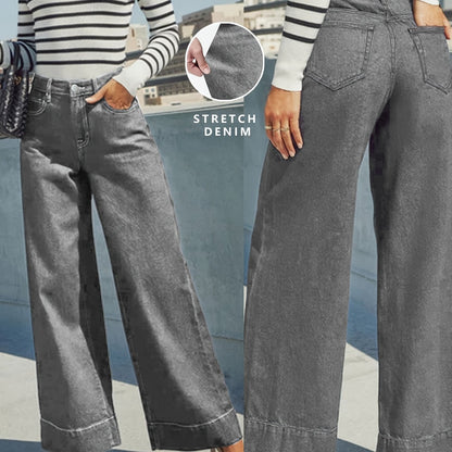 Hochtaillierte, weit geschnittene Stretch-Jeans mit Umschlag am Saum
