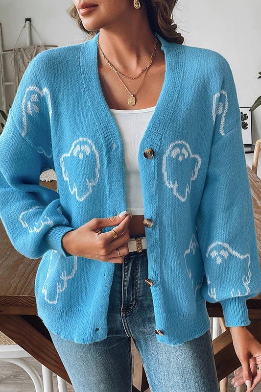 Gemütlicher gestrickter Halloween-Geister-Pullover mit Knopfleiste