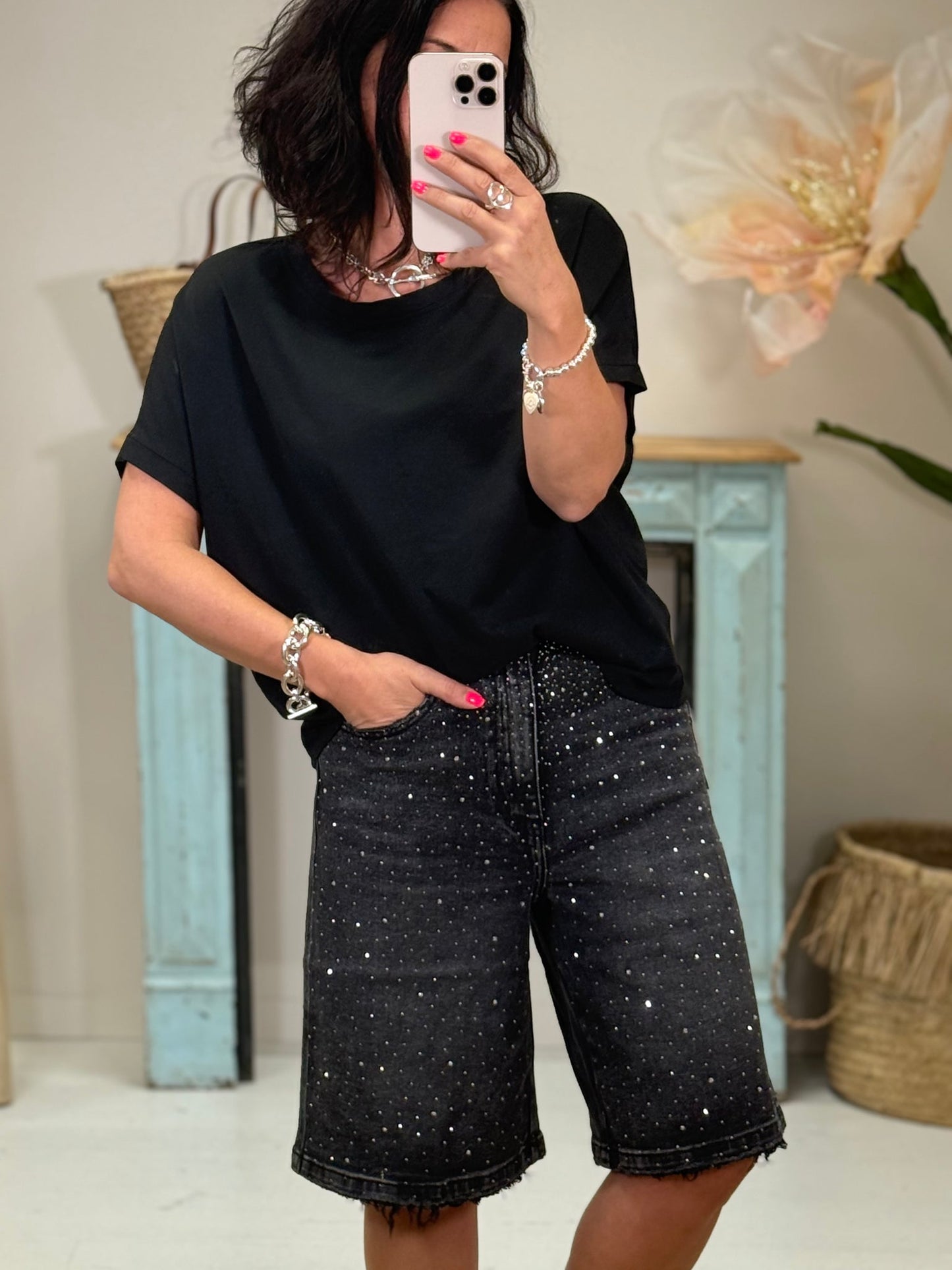 Verzierte Denim Bermuda-Shorts