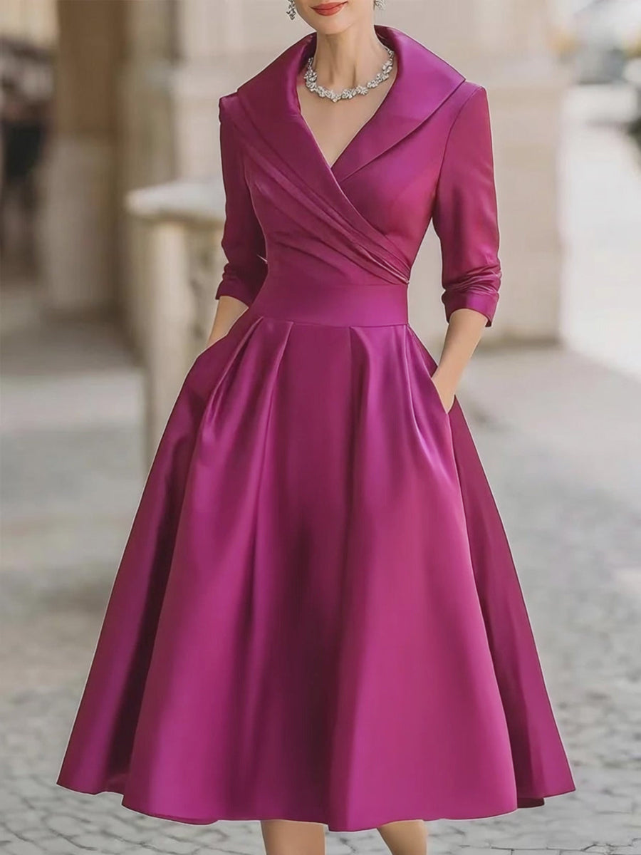 Vintage Satin Midikleid mit drapiertem Kragen