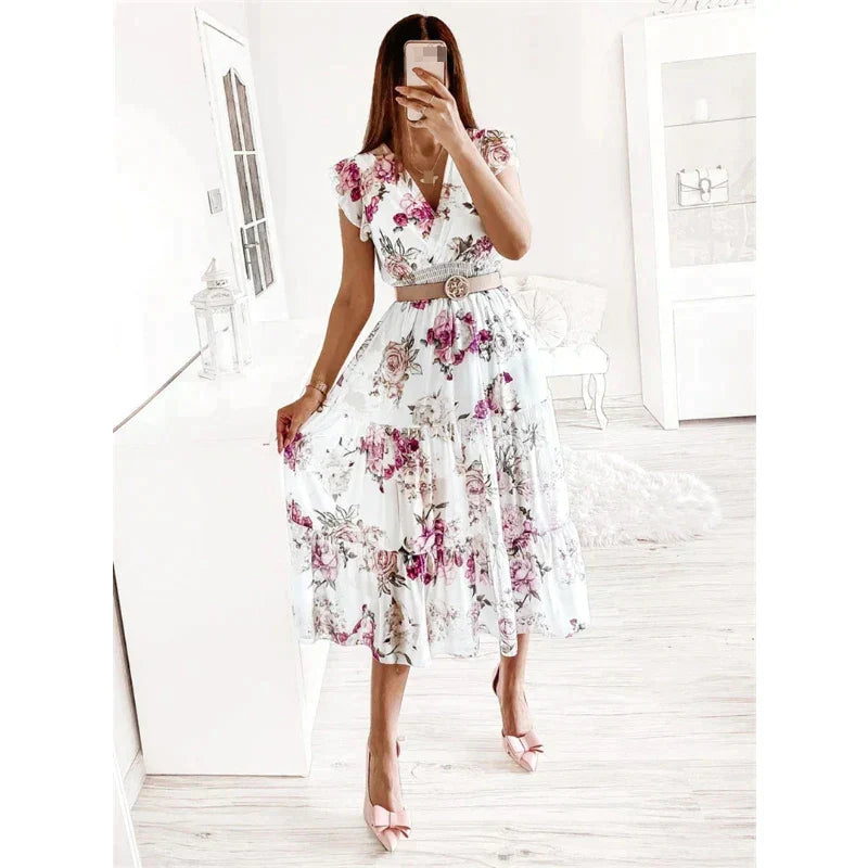 Pauline Laurent® | Bedrucktes Kleid mit V-Ausschnitt und Blumenmuster