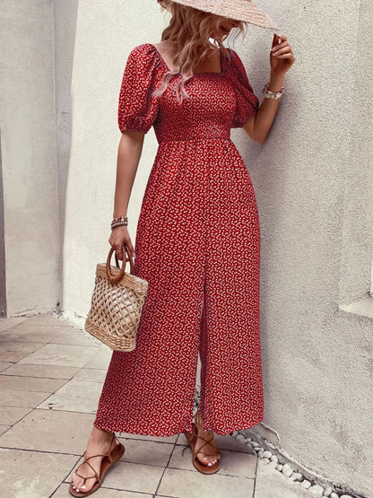 Damen Jumpsuit mit bedrucktem Karree-Ausschnitt und Puffärmeln