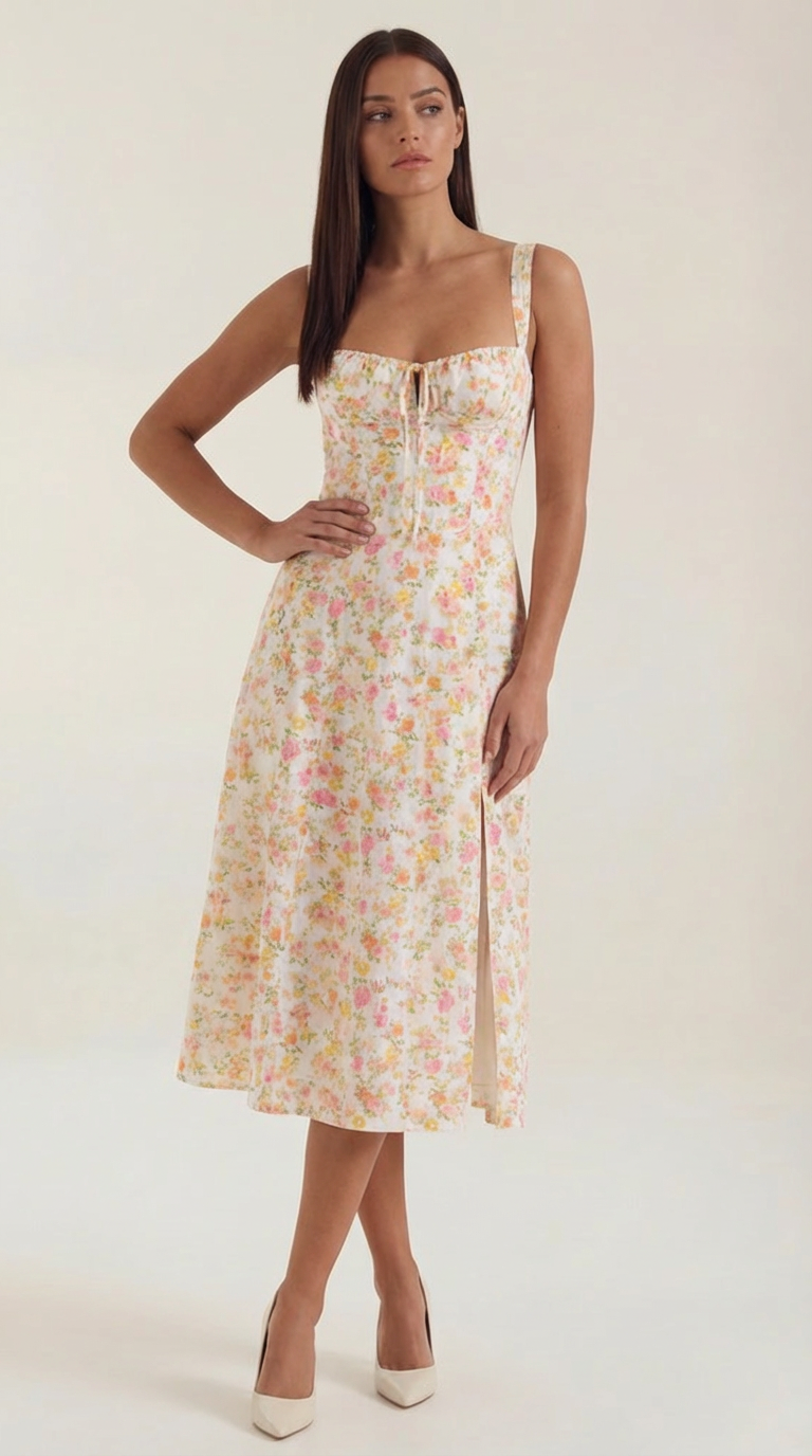 Damen Midikleid mit Blumenmuster Hochzeitsgastkleid