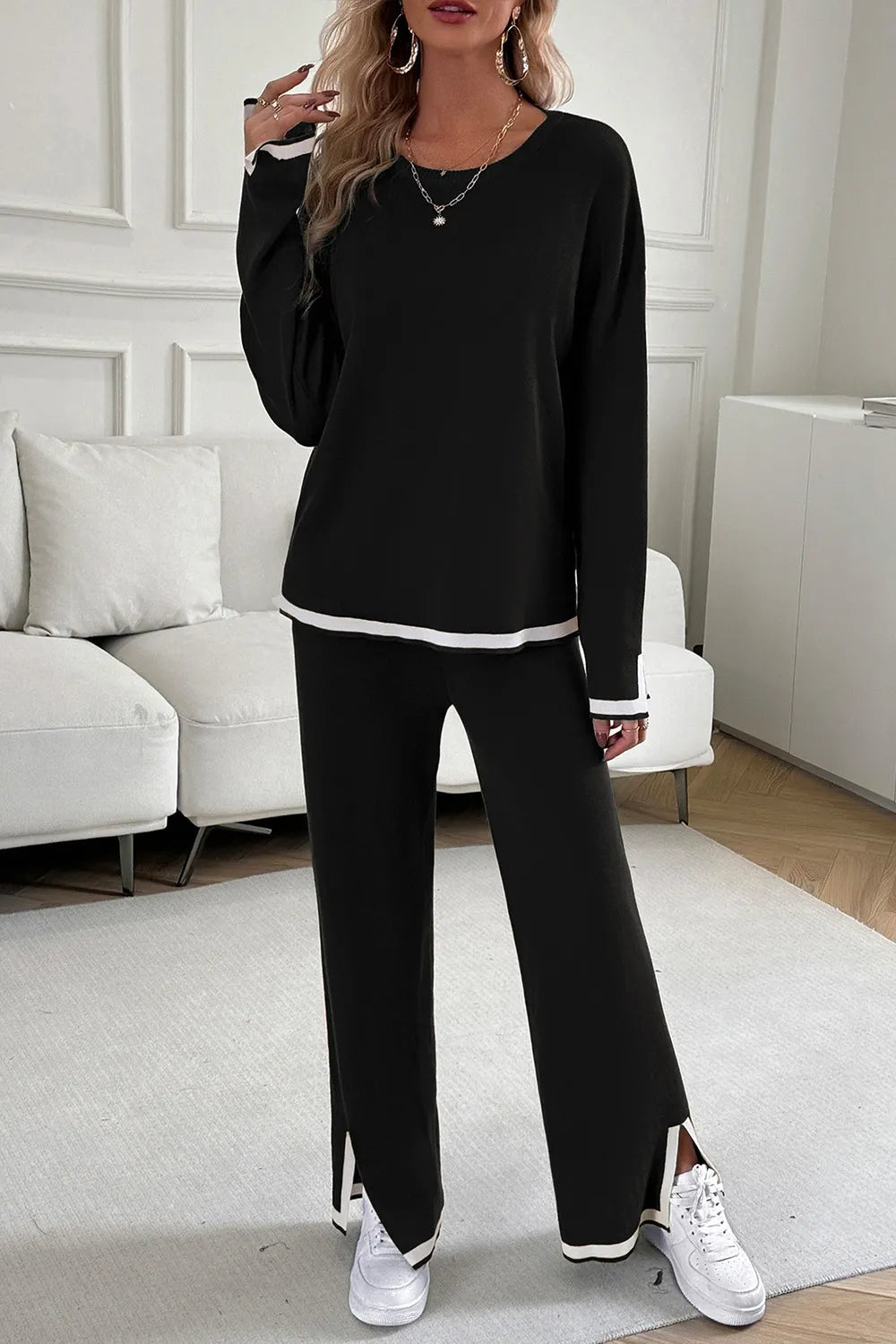 Kontrastbesatz Rundhals-Top und Hosen-Set