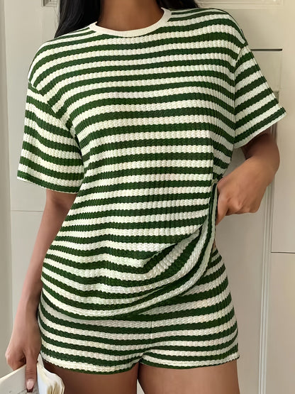 Gestreiftes T-Shirt mit Rundhalsausschnitt und Shorts Freizeitset