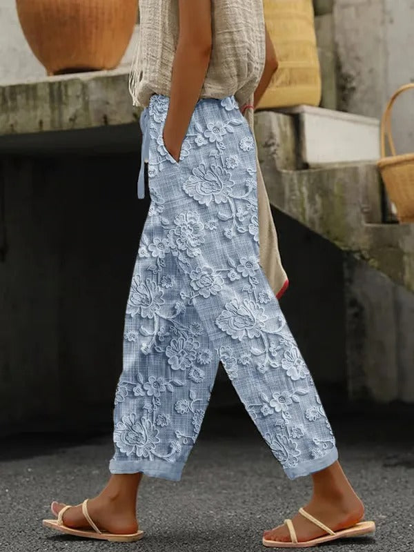 Bestickte Leinenhose mit Spitze und Blumendetails für Damen