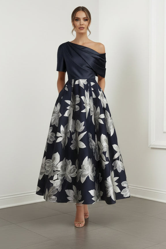 Ein-Schulter Bedrucktes Blumen A-Linien Kleid für die Mutter der Braut