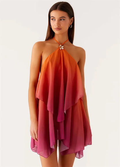 Rosa Farbverlauf Mini Kleid mit Rüschensaum
