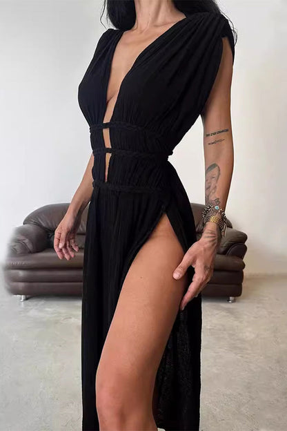 Böhmisches V-Ausschnitt Strandkleid mit Schlitz