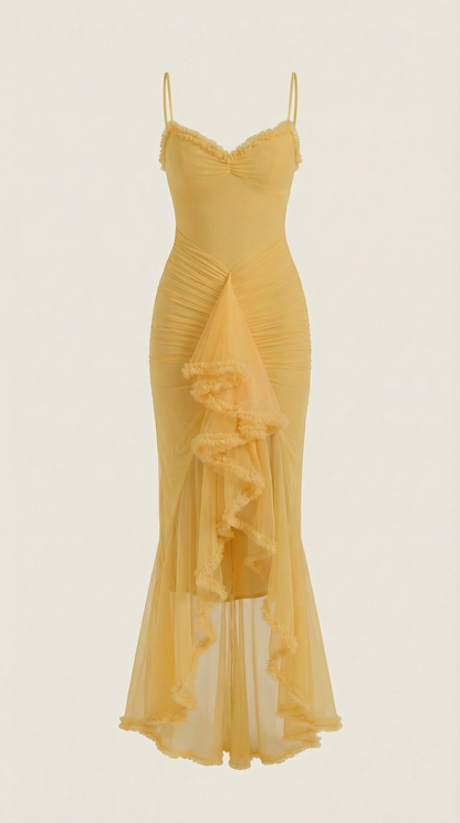 Damen Maxikleid mit Volants und asymmetrischem Saum