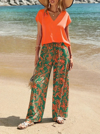 Damen V-Ausschnitt Oberteil mit Blumenmuster und Sommerhose Set