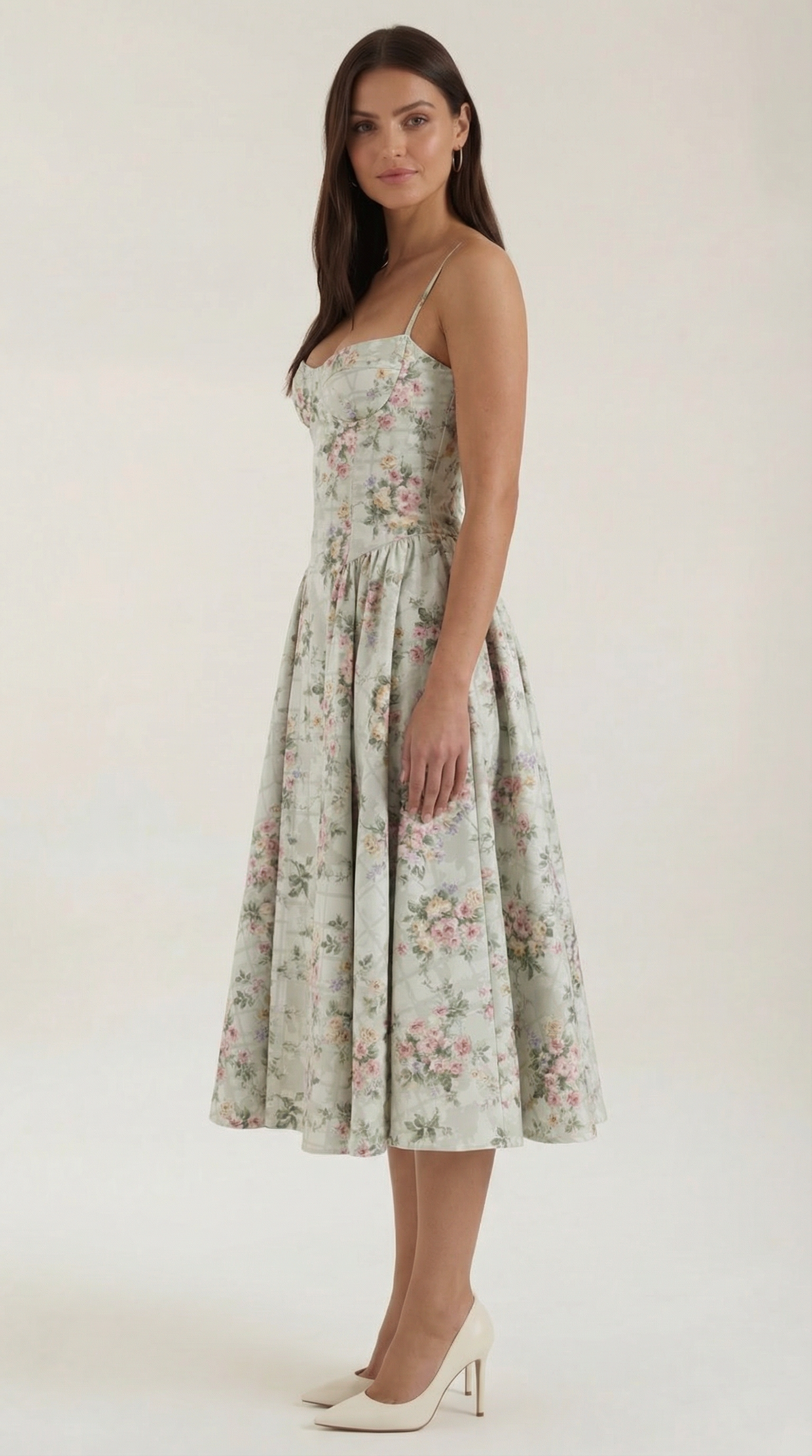 Damen Midikleid mit Blumenmuster und Korsett sowie herzförmigem Ausschnitt