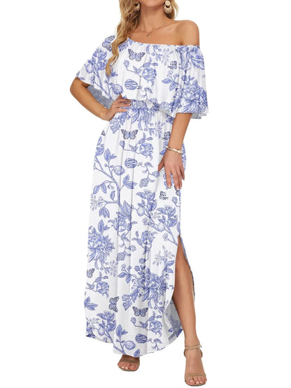 Damen Blumiges Schulterfreies Sommer-Maxikleid