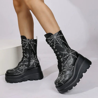Gothic klobige Plateau-Mid-Calf-Stiefel mit Spinnennetz-Detail