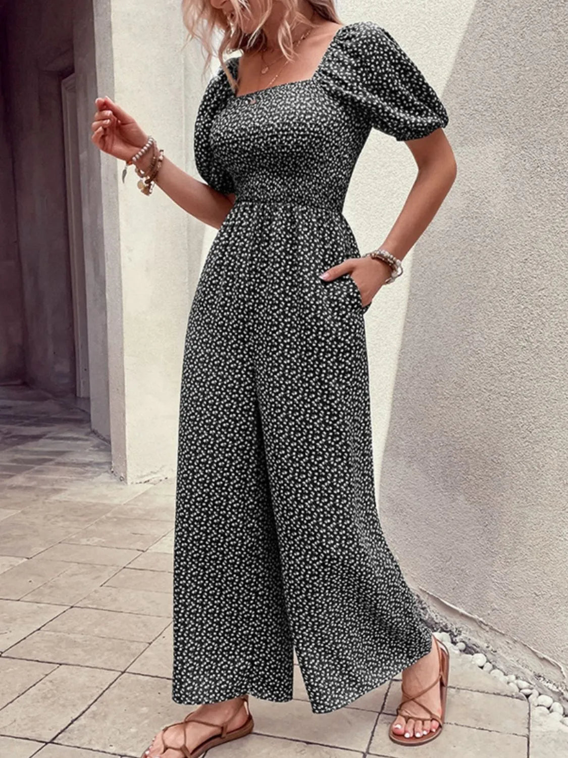 Damen Jumpsuit mit bedrucktem Karree-Ausschnitt und Puffärmeln