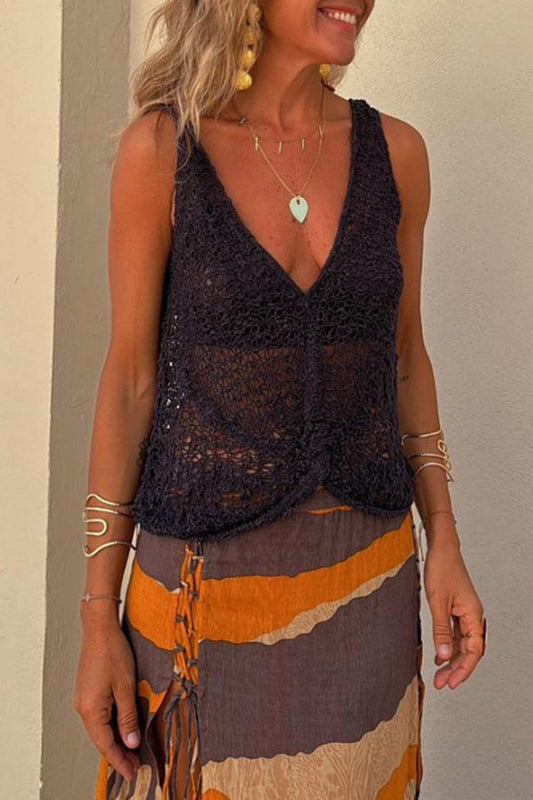 Boho Gestricktes V-Ausschnitt Hohl Lockeres Tanktop