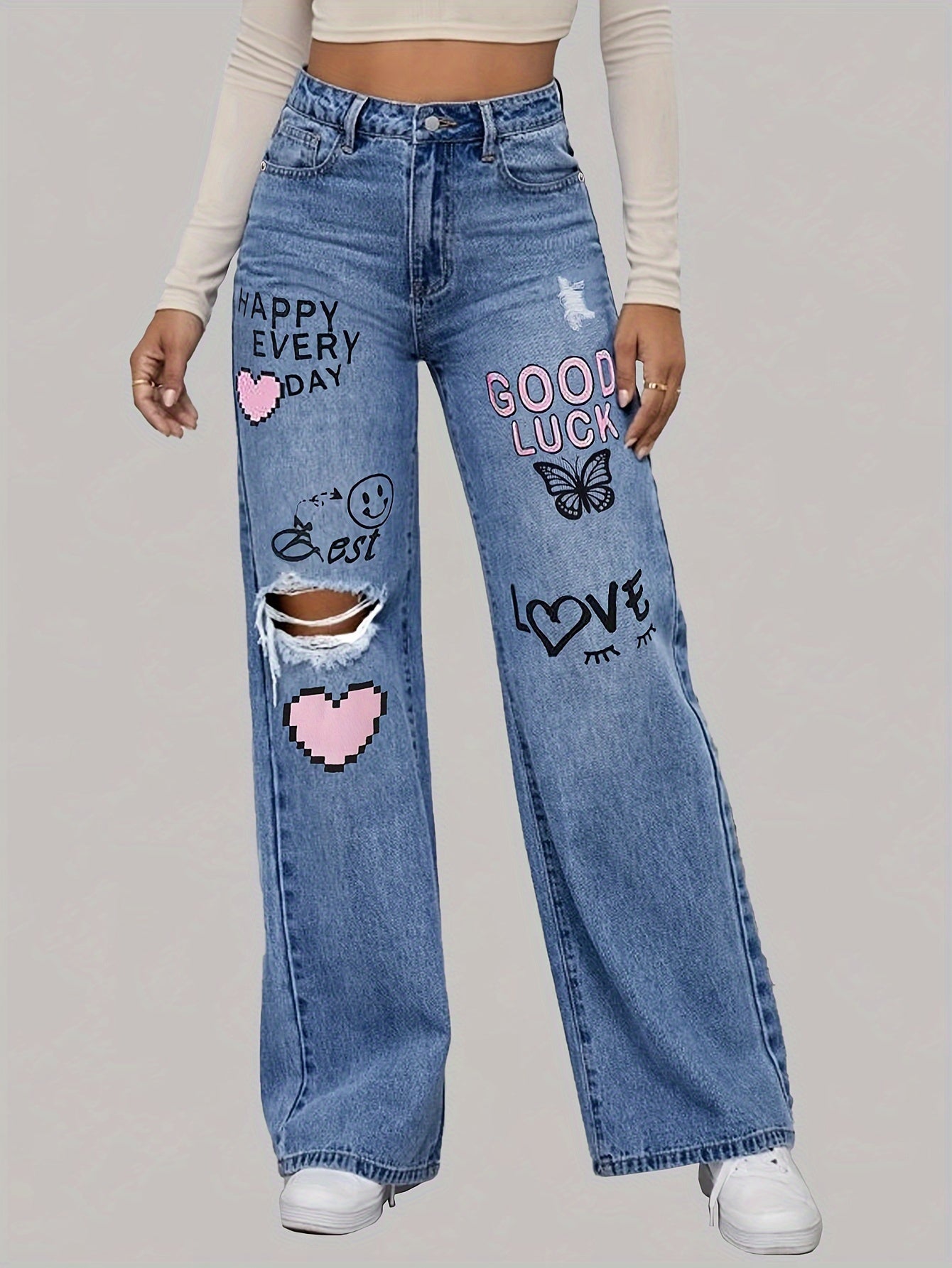 High-Waist Weitbein Grafik Denim Jeans