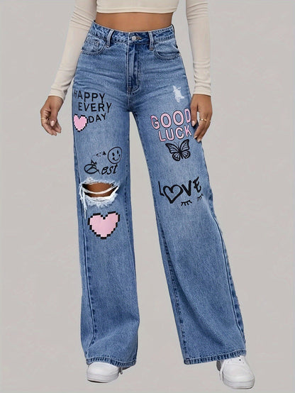 High-Waist Weitbein Grafik Denim Jeans