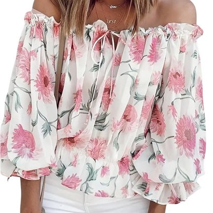 Florale Schulterfreie Bluse mit Puffärmeln