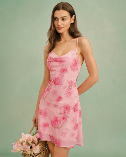Rosa Blumen Cowl Neck Slip Mini Kleid