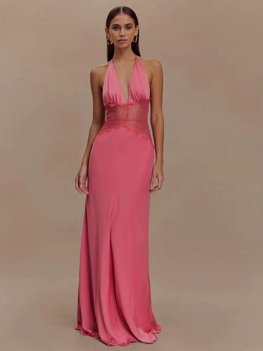 Maxikleid mit Neckholder, Spitzenbesatz und rückenfreiem Design