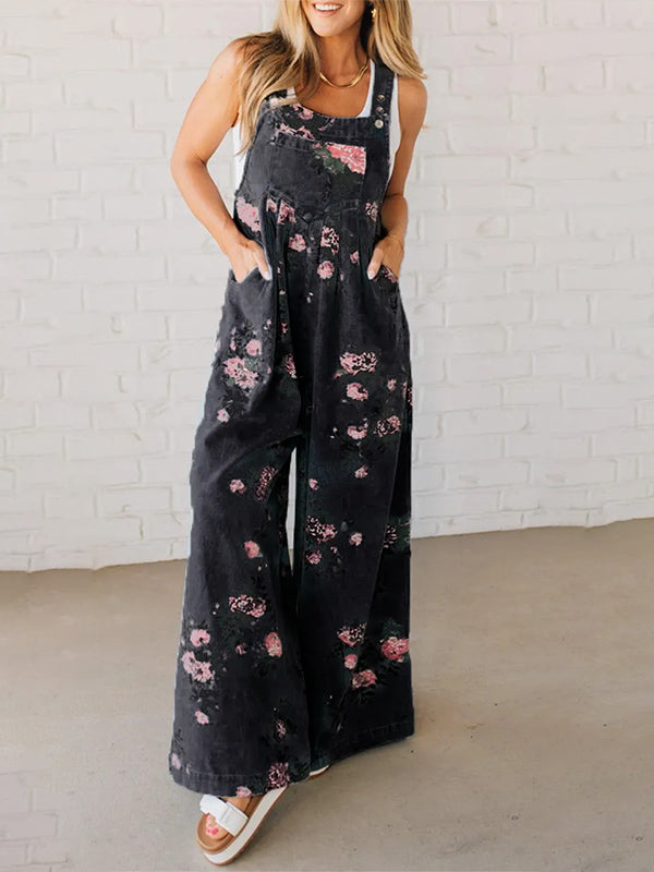 Jeans-Latzhose mit weitem Bein und Blumenmuster