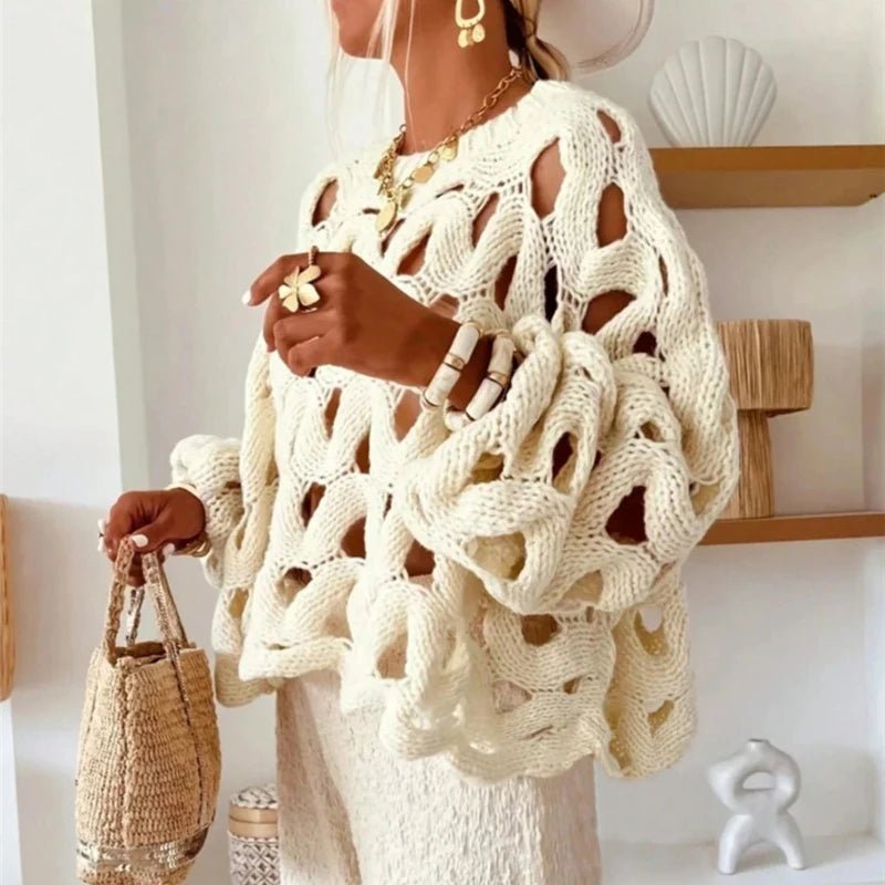 Damen Pullover mit langen Ärmeln und Häkelstrickmuster