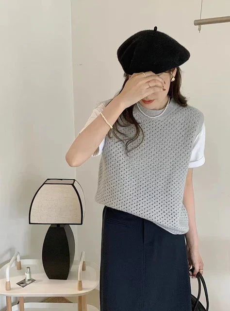Damen Ärmelloser Gestrickter Pullover Leichtes Lockeres Oberteil