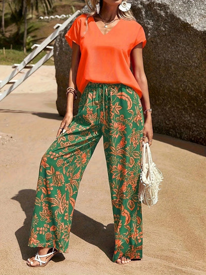 Damen V-Ausschnitt Oberteil mit Blumenmuster und Sommerhose Set