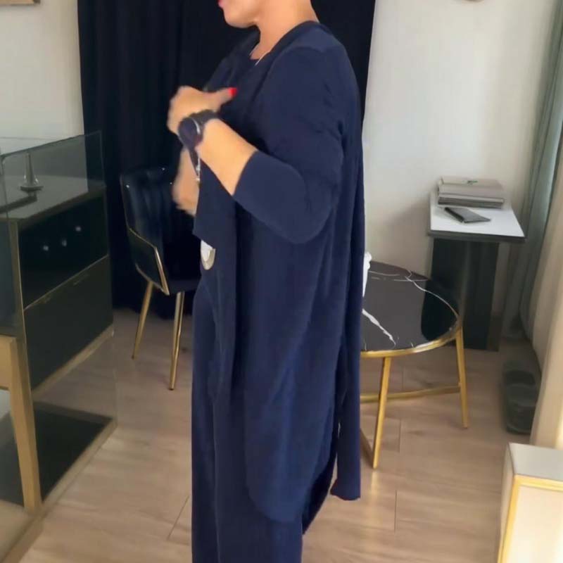 Schickes 3-teiliges Set aus langer Strickjacke, Top und Hose