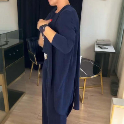Schickes 3-teiliges Set aus langer Strickjacke, Top und Hose