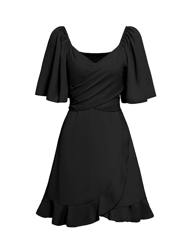 Verspieltes Rüsch Mini-Kleid mit gebundener Taille und ausgestellten Ärmeln