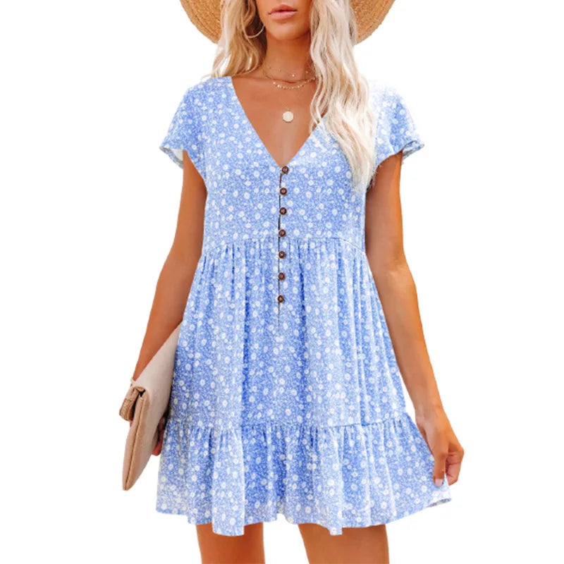 Damen Sommer Blumen V-Ausschnitt A-Linien Minikleid