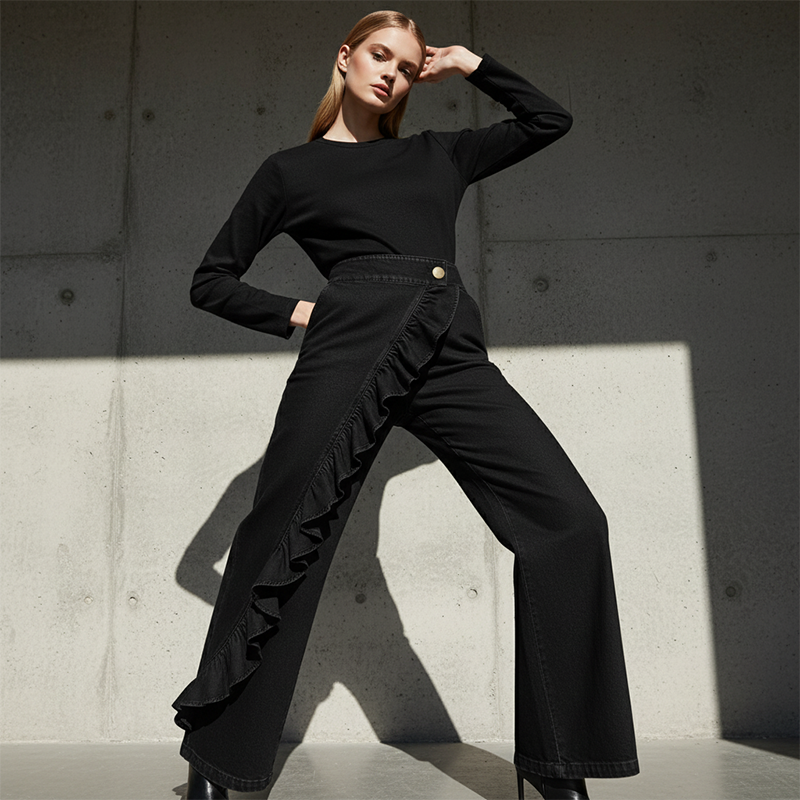 Asymmetrische Jeans mit weitem Bein und Volant