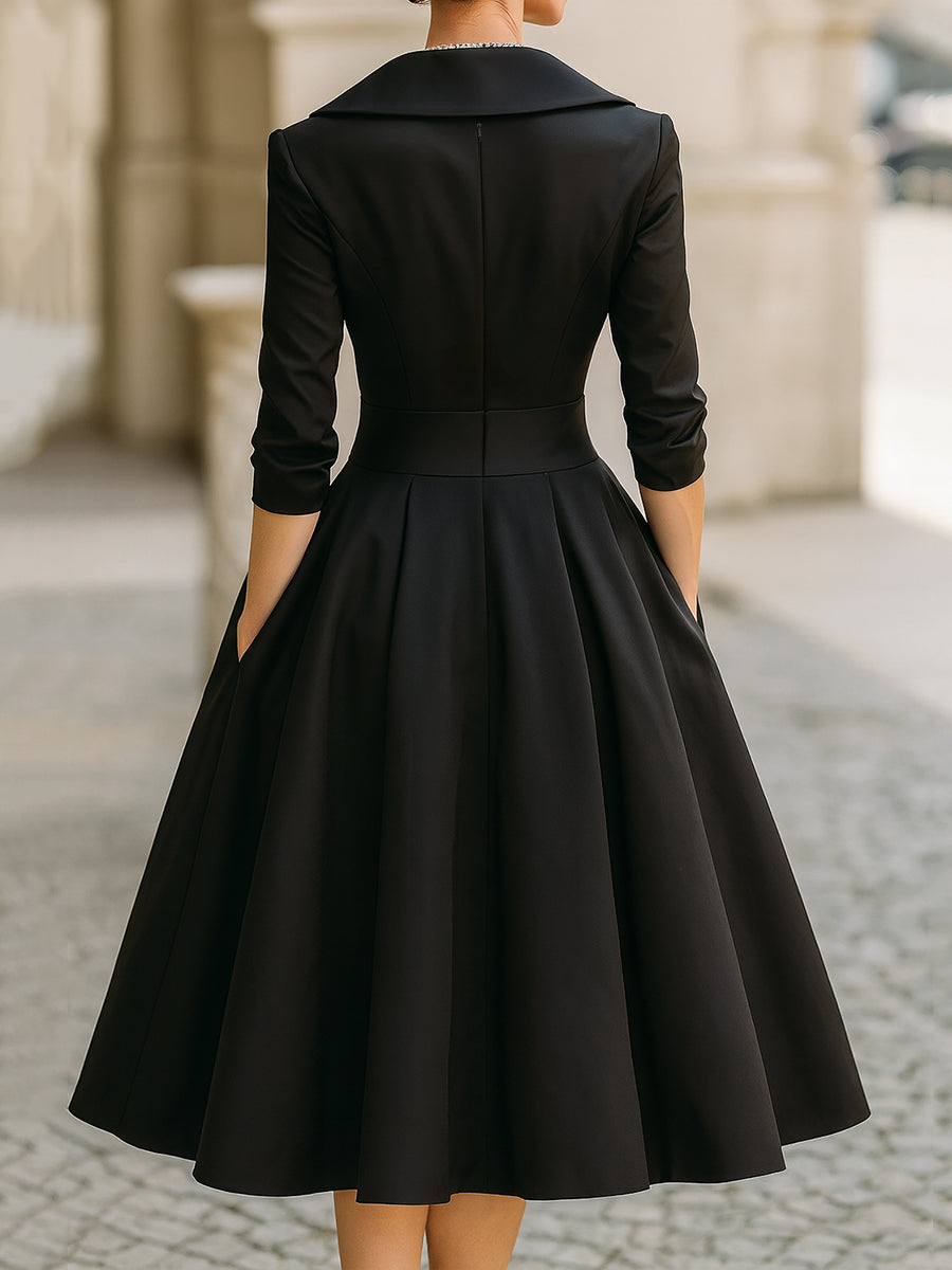 Vintage Satin Midikleid mit drapiertem Kragen
