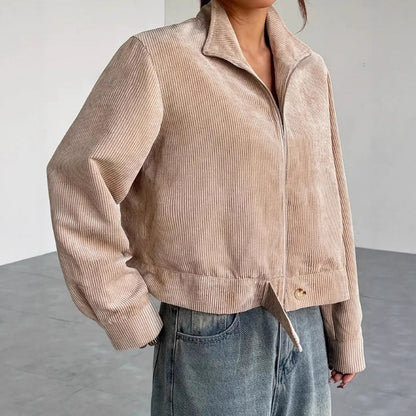 Gekürzte Cordjacke mit weitem Kragen und Reißverschlussverschluss
