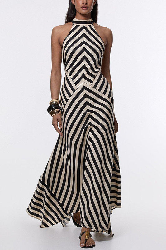 Geometrisches Maxikleid mit Streifen, offenem Rücken und fließendem Saum