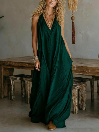 Fließendes Eleganz ärmelloses Maxi-Kleid mit V-Ausschnitt