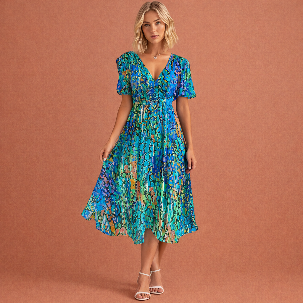 Midikleid mit Blumenmuster und kurzen Ärmeln für Damen