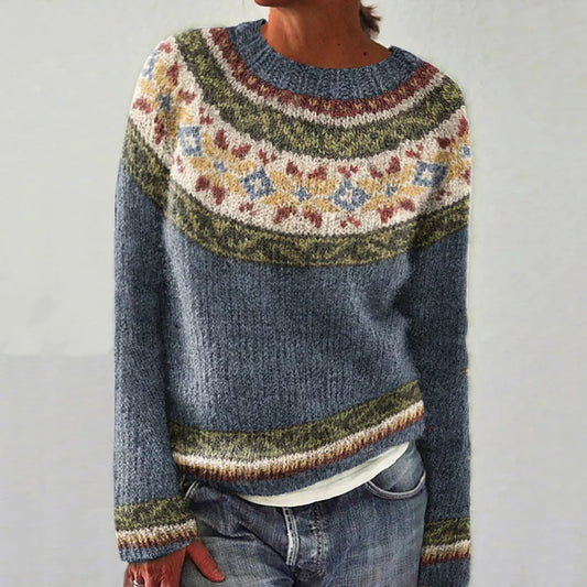 Lia® | Vintage Tribal-Strickpullover mit Blumenmuster